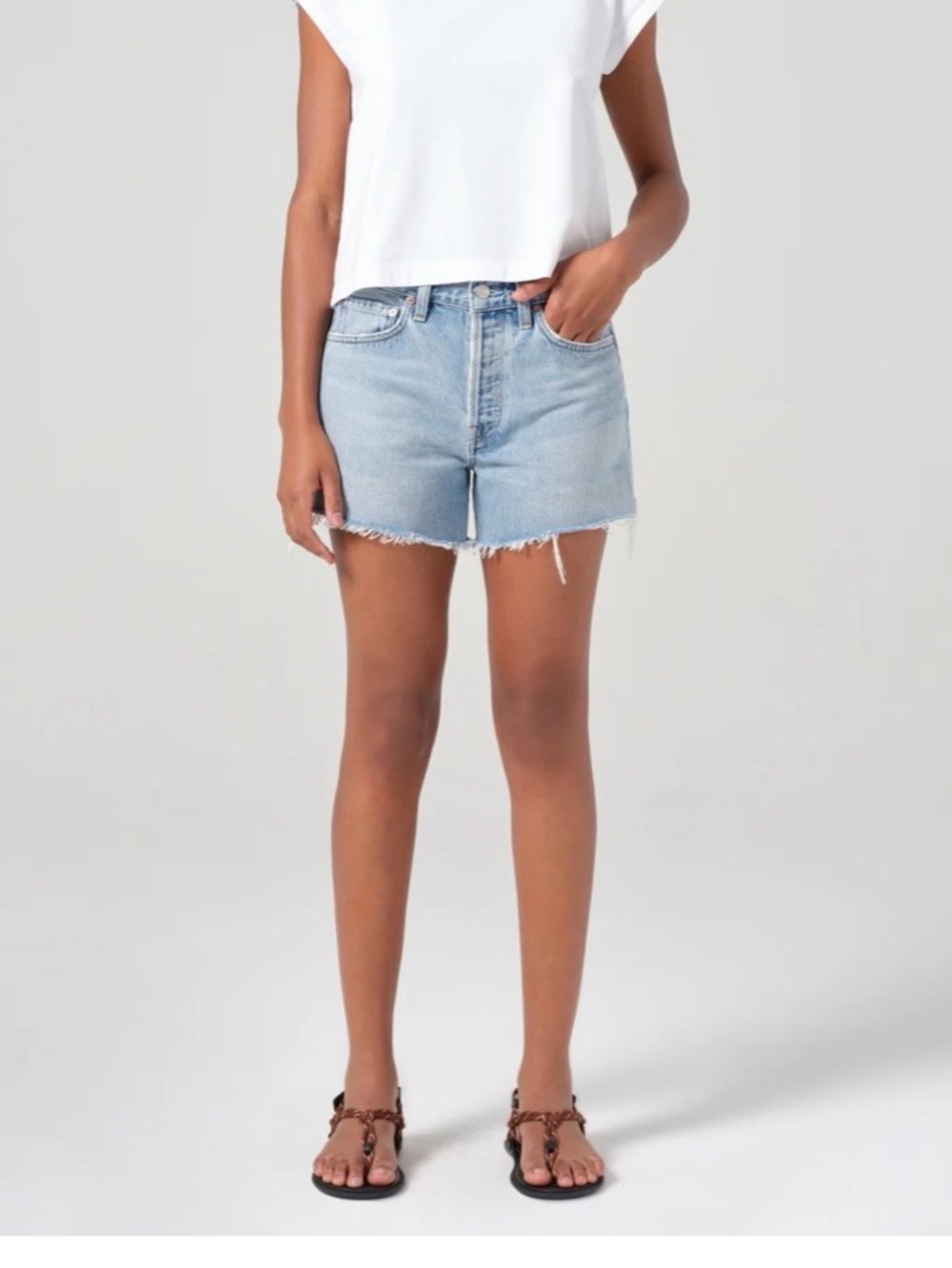 Agolde Light Wash Raw-Hem Denim Shorts, free top with purchase